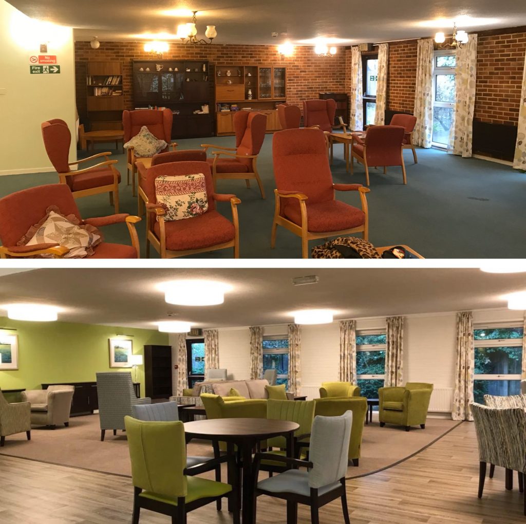 Extra Care communal lounge before and after